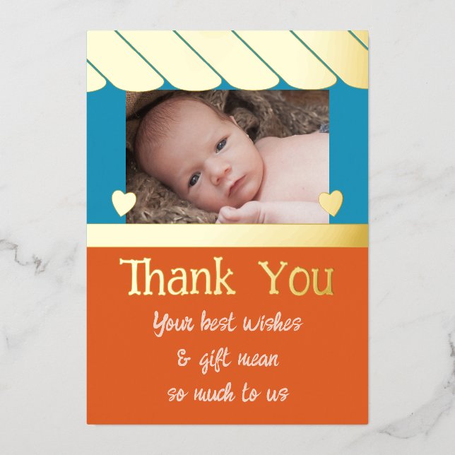 Vielen Dank für Ihre neuen Babygeschenke Blue Oran Folieneinladung (Vorderseite)