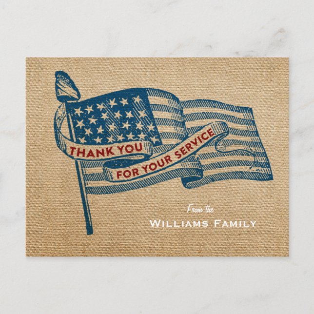 Vielen Dank für Ihre Service Military Burlap Flag Postkarte (Vorderseite)