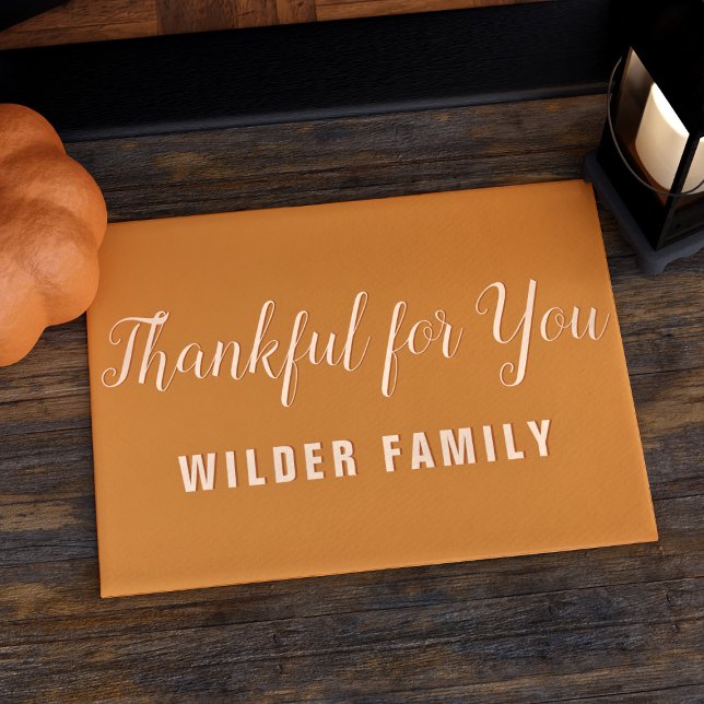 Vielen Dank für Ihren Familiennamen Orange Fall Do Fußmatte (Thankful for You doormat with space for family name. Perfect addition to your Thanksgiving decor)