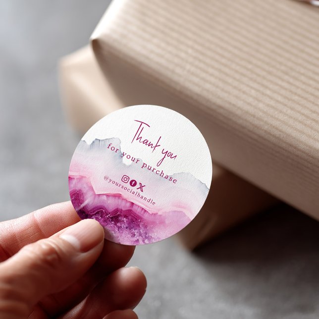 Vielen Dank für Ihren Kauf tief rosa agieren sozia Runder Aufkleber (Pink agate thank you social media sticker)