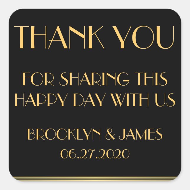 Vielen Dank Gold Black Great Gatsby Wedding Sticke Quadratischer Aufkleber (Vorderseite)