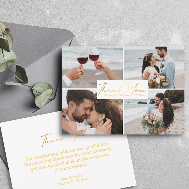 Vielen Dank Gold handwriting Hochzeit Foto Collage Mitteilungskarte (Von Creator hochgeladen)