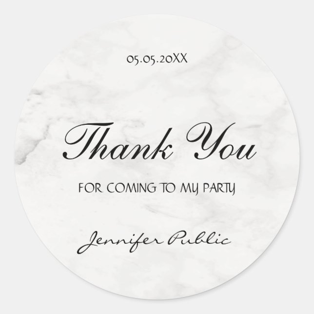 Vielen Dank Hand Script Text Party Template Marble Runder Aufkleber (Vorderseite)