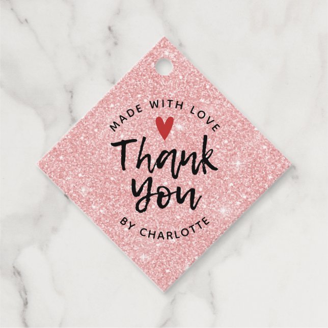 Vielen Dank, Handmade mit Liebe Rosa Glitzer Geschenkanhänger (Vorderseite)