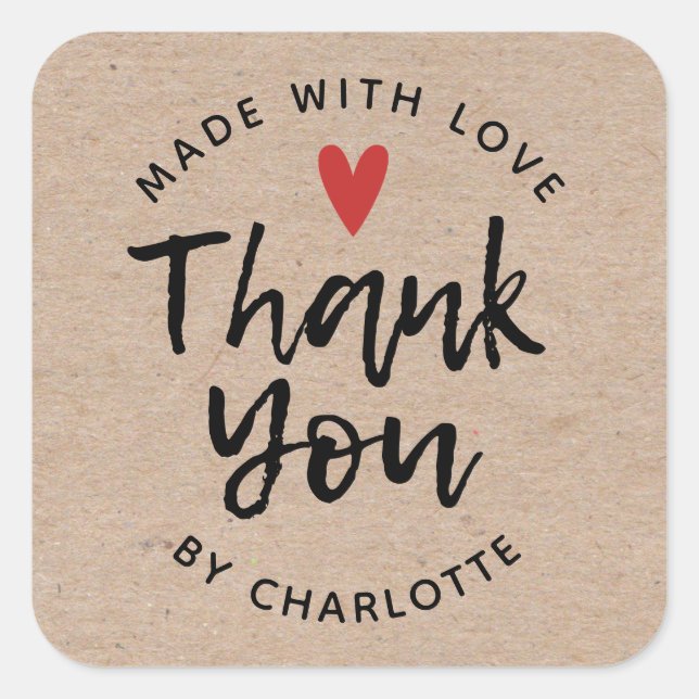 Vielen Dank, Handmade mit Liebe Rustic Kraft Class Quadratischer Aufkleber (Vorderseite)