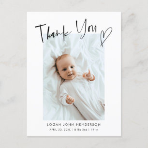 Vielen Dank Herz Lässiges Script Baby Foto Birth Ankündigungspostkarte