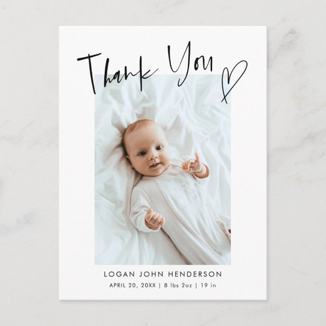 Vielen Dank Herz Lässiges Script Baby Foto Birth  Ankündigungspostkarte (Vorderseite)