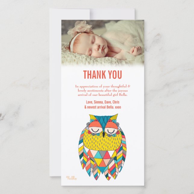 Vielen Dank Hinweis Aztec Baby Owl Foto Card Vorla Dankeskarte (Vorderseite)