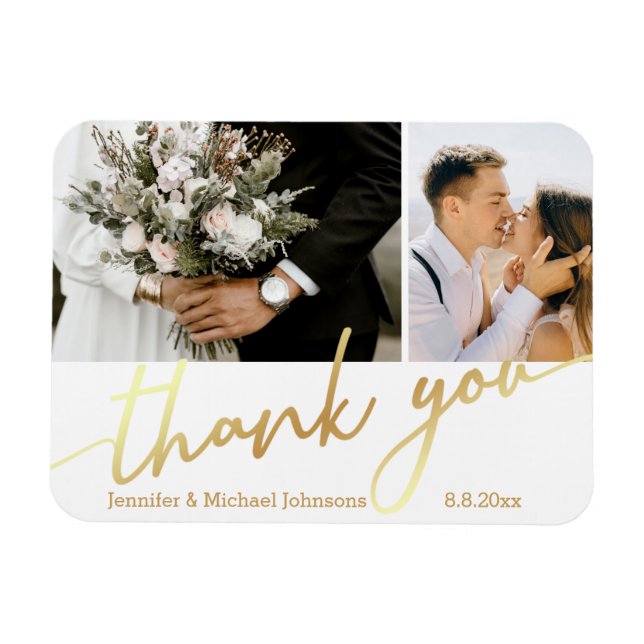 Vielen Dank, Hochzeit 2 Fotos Collage Gold Chic Magnet (Horizontal)