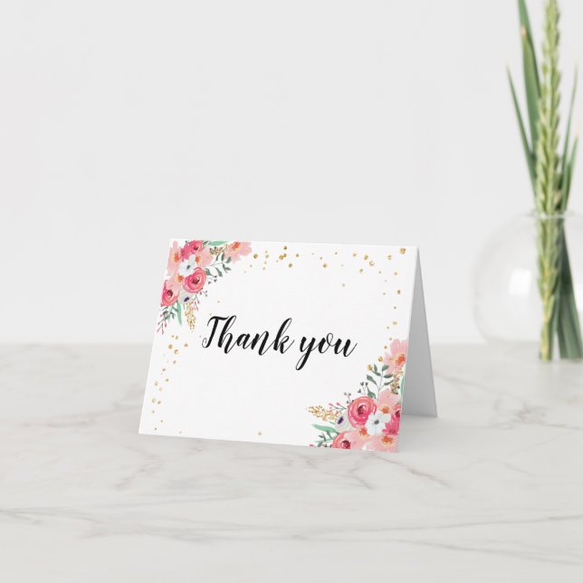 Vielen Dank Karte Floral Blume Rosa und Gold Dusch (Vorderseite)