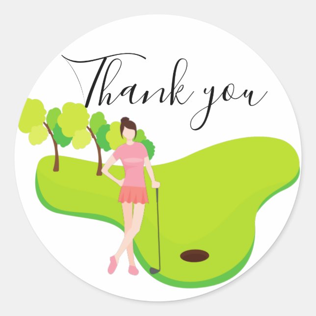 Vielen Dank Karte mit Lady Frau Golfer Runder Aufkleber (Vorderseite)