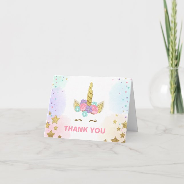 Vielen Dank Karte Unicorn Gold Pink Girl Whimsical (Vorderseite)