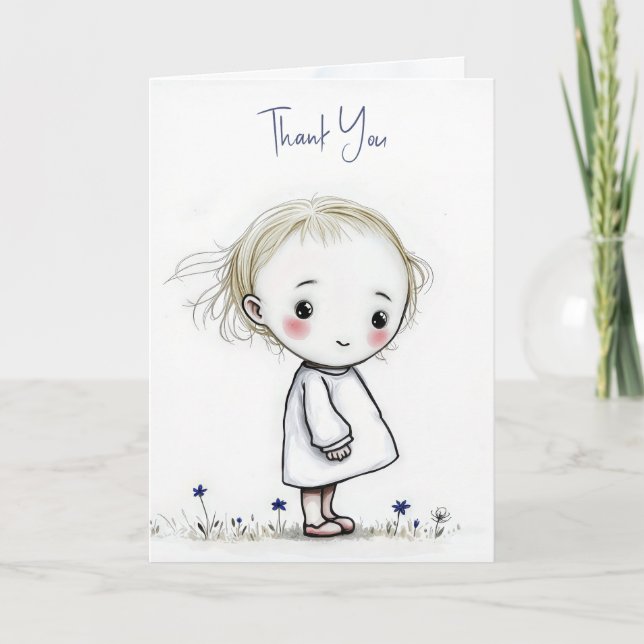 Vielen Dank kleine Girl Sketch mit Wildblumen Karte (Vorderseite)