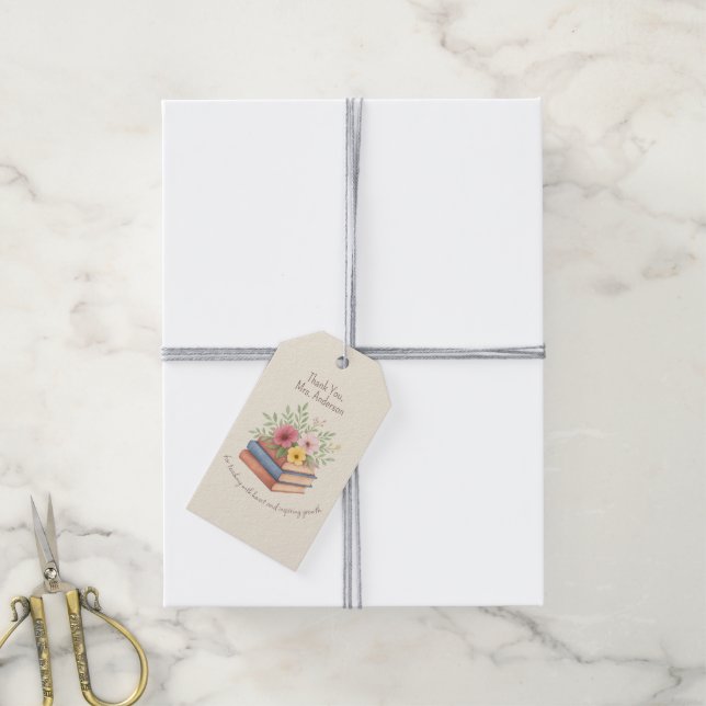 Vielen Dank Lehrer - Aquarellbücher & Blume - Geschenkanhänger (Mit Garn)