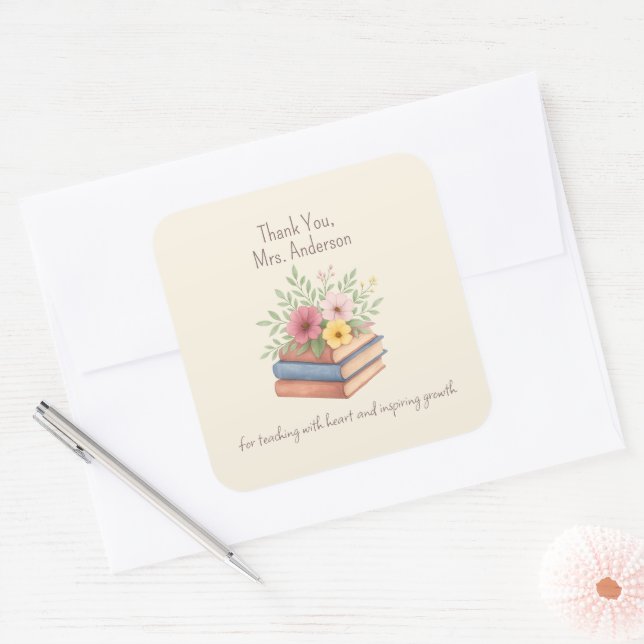 Vielen Dank Lehrer - Aquarellbücher & Blume - Quadratischer Aufkleber (Umschlag)