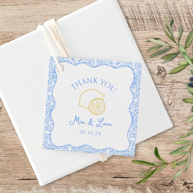Vielen Dank, Lemon Blue Tiles Personalisiert Weddi Geschenkanhänger (Say thank you in style with these lemon-themed favor tags, perfect for your Mediterranean wedding.)