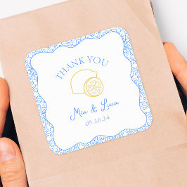Vielen Dank, Lemon Blue Tiles Personalisiert Weddi Quadratischer Aufkleber