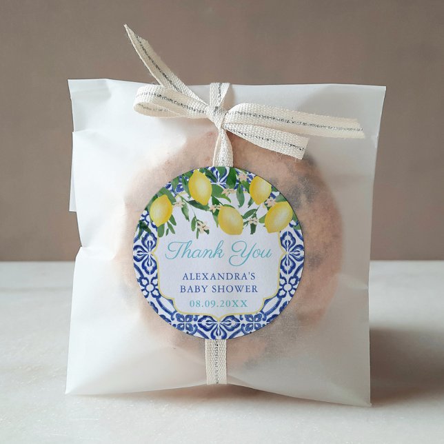Vielen Dank Lemons Aquamarin Positano Brautparty G Runder Aufkleber (Italian lemons shower favor sticker design with teal text against a blue and white tile background)
