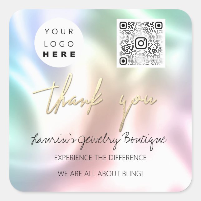 Vielen Dank Logo QrCode Online Shop Pink Holograph Quadratischer Aufkleber (Vorderseite)