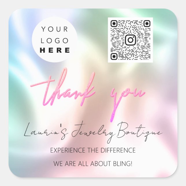 Vielen Dank Logo QrCode Online Shop Pink Holograph Quadratischer Aufkleber (Vorderseite)