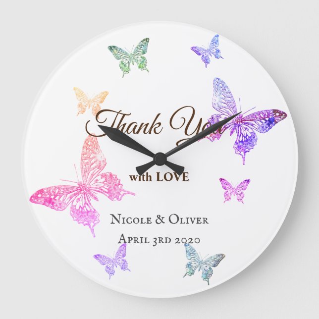 Vielen Dank mit Liebe Bunte Schmetterlinge Große Wanduhr (Vorderseite)