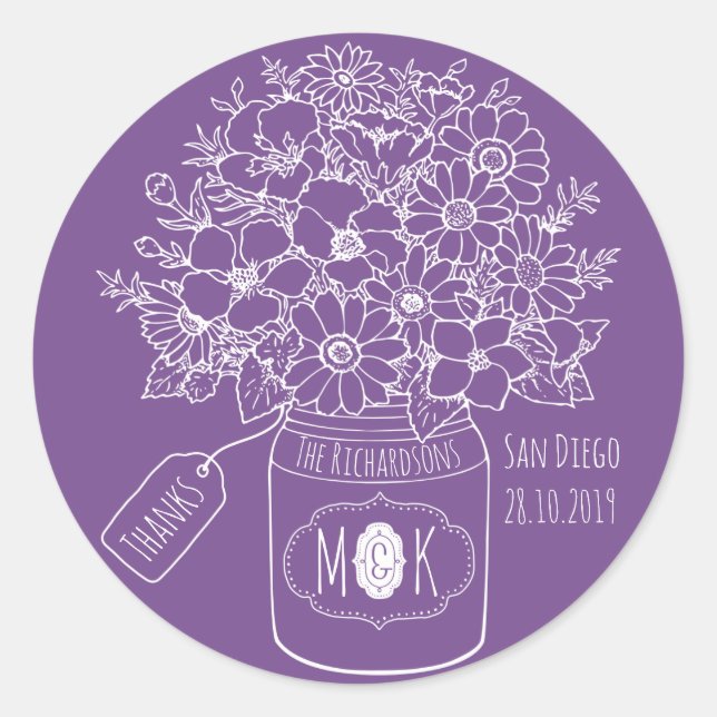 Vielen Dank Monogram Wildblumen Bouquet Mason Jar Runder Aufkleber (Vorderseite)