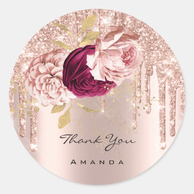 Vielen Dank Name 16. Bridal Rose Glitzer Wreath Runder Aufkleber (Vorderseite)