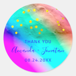 Vielen Dank Name Datum Blue Gold Confetti Rainbow Runder Aufkleber