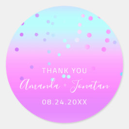 Vielen Dank Name Datum Blue Pink Pastel Confetti Runder Aufkleber