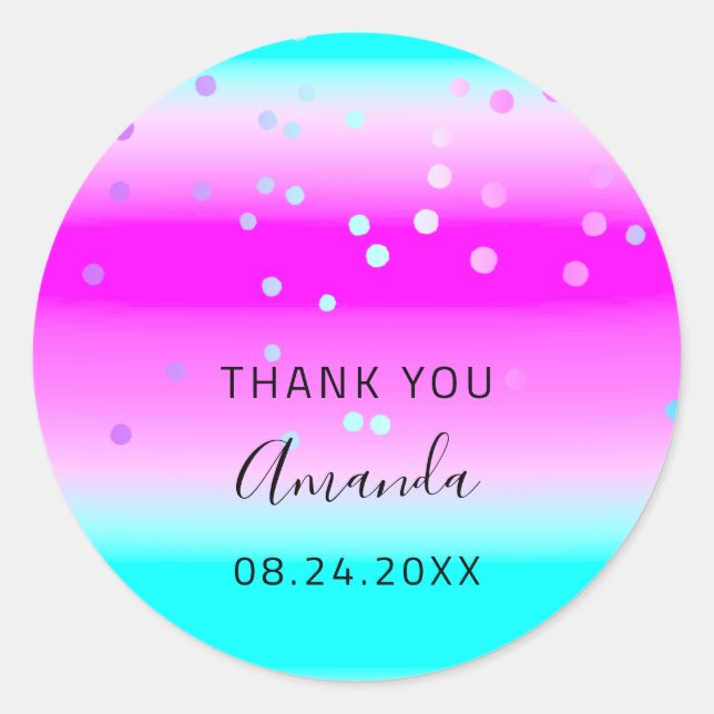 Vielen Dank Name Datum Pink Ocean Ombre Confetti Runder Aufkleber (Vorderseite)