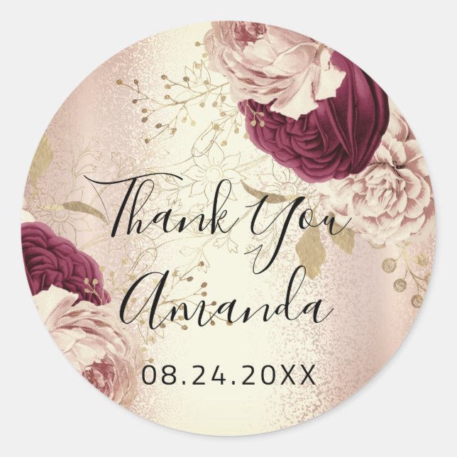Vielen Dank Name Rose Gold Florals Marsala Runder Aufkleber (Vorderseite)