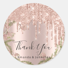 Vielen Dank Name Wedding Rose Glitzer Floral Runder Aufkleber
