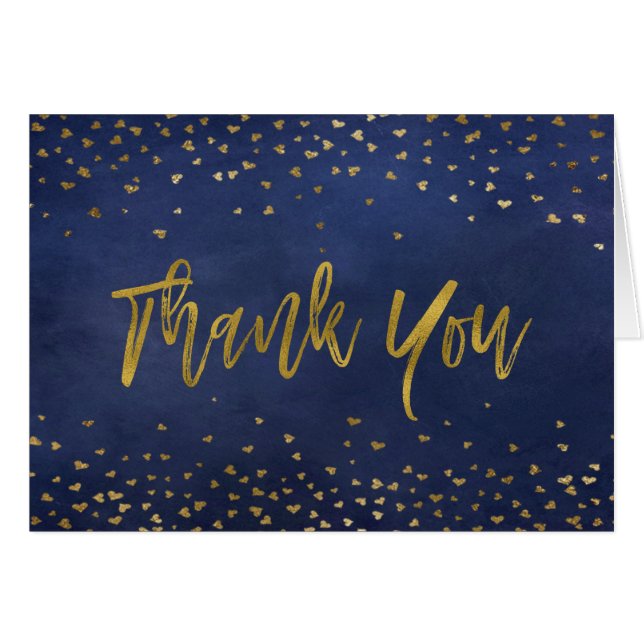Vielen Dank Navy Blue & Gold Foil Hearts Confetti (Vorderseite (Horizontal))