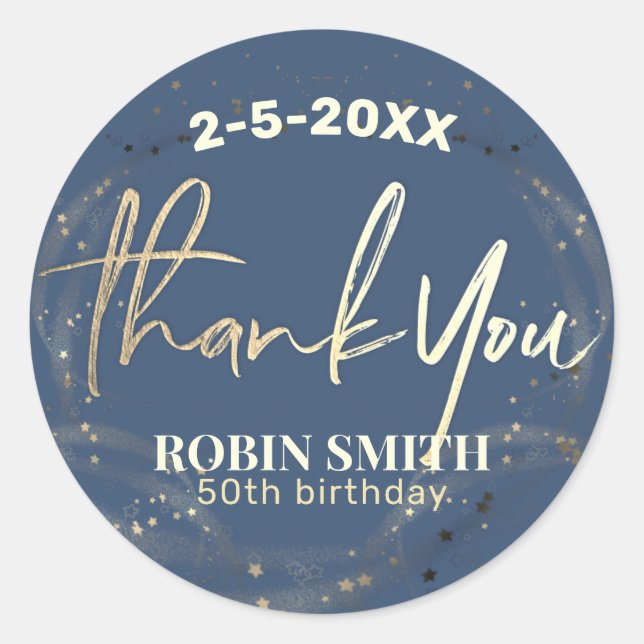 Vielen Dank Navy Blue Gold Modern Birthday Gefalle Runder Aufkleber (Vorderseite)