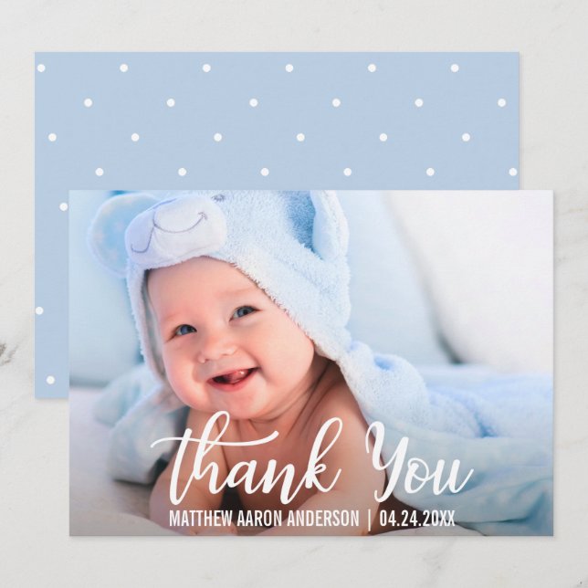 Vielen Dank, New Baby Modern Blue Dots Dankeskarte (Vorne/Hinten)