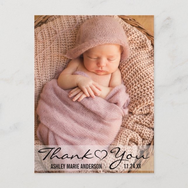 Vielen Dank, New Baby Modern Foto Heart Ankündigungspostkarte (Vorderseite)