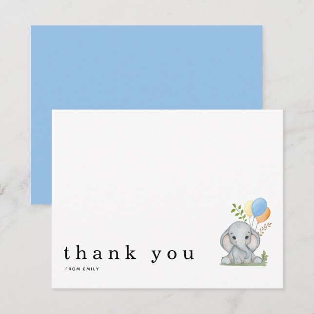Vielen Dank Niedlich Elephant Blue Baby Boy Mitteilungskarte (Vorne/Hinten)