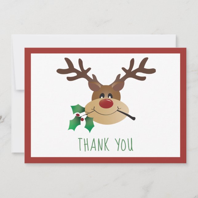 Vielen Dank Niedlich Reindeer Mistletoe Red Green Dankeskarte (Vorderseite)