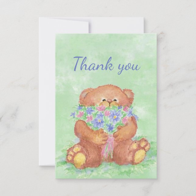 Vielen Dank Niedlich Teddy Bear Holding Blume Bouq Dankeskarte (Vorderseite)