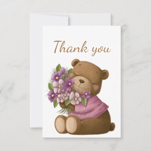 Vielen Dank Niedlich Teddy Bear Lila Blume Bouquet Dankeskarte (Vorderseite)