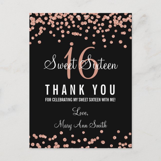 Vielen Dank Note Sweet 16 Rose Gold Glitzer Confet Postkarte (Vorderseite)