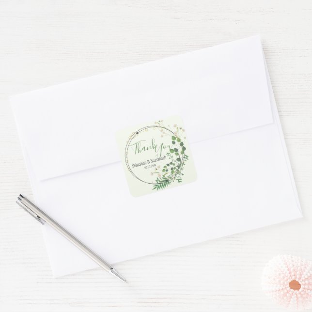 Vielen Dank, Pastel Green Green Wreath Quadratischer Aufkleber (Umschlag)