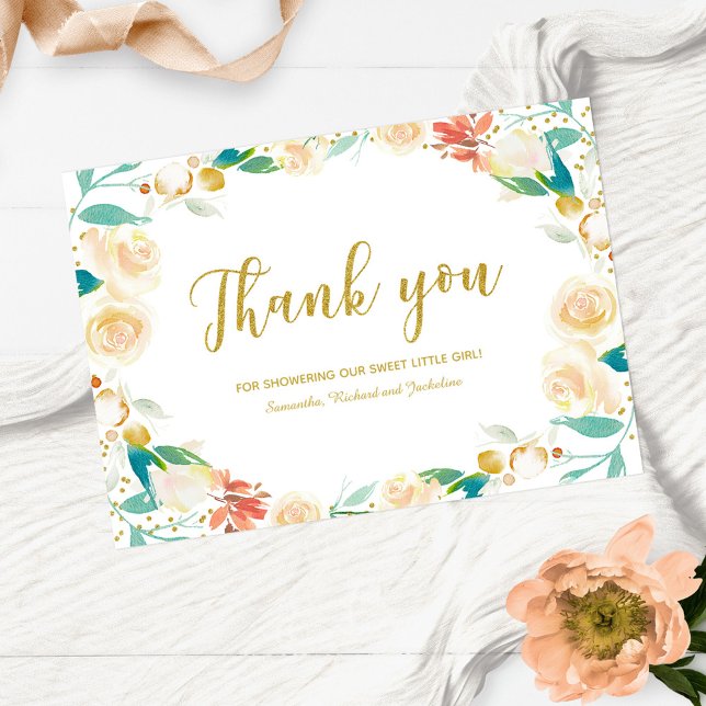 Vielen Dank Peach Floral Wreath Baby Dusche Dankeskarte (Von Creator hochgeladen)