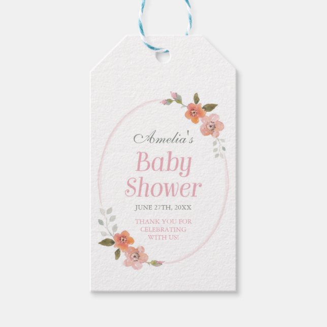 Vielen Dank Pink Baby Dusche mit zarter Blüte Geschenkanhänger (Vorderseite)