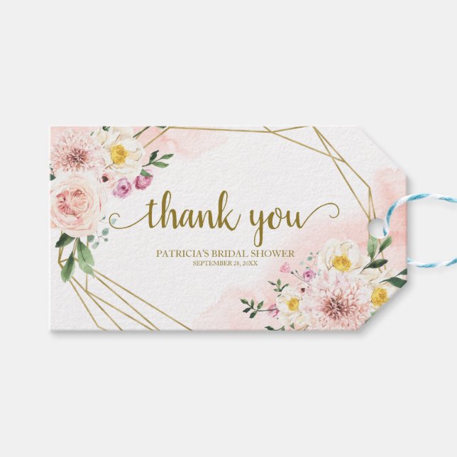 Vielen Dank - Pink Blush Floral Gold Gefälligkeit Geschenkanhänger (Vorderseite (Horizontal))