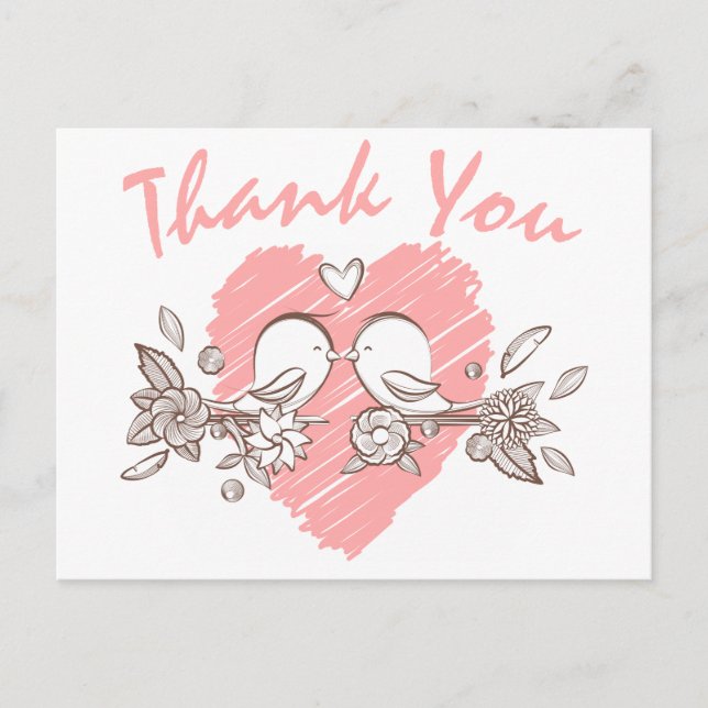 Vielen Dank Pink Heart Lovebirds Wedding Postcard Postkarte (Vorderseite)