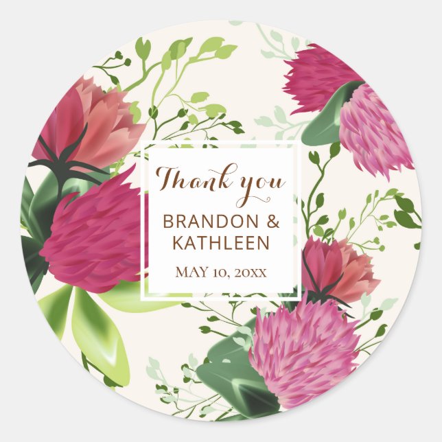 Vielen Dank, Pink & Red Clover Floral Wedding Runder Aufkleber (Vorderseite)