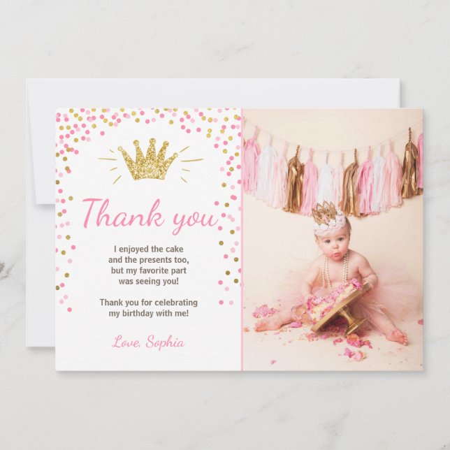 Vielen Dank, Princess Birthday Gold Pink Dankeskarte (Vorderseite)