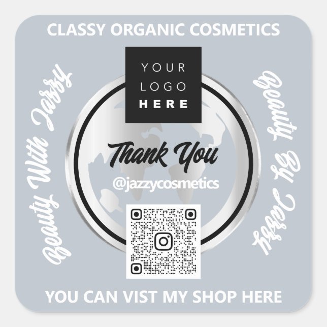 Vielen Dank QR Code Logo Silver MAP Globe Grau Quadratischer Aufkleber (Vorderseite)