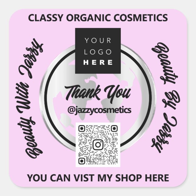 Vielen Dank QR Code Logo Silver Map Globe Rosa Quadratischer Aufkleber (Vorderseite)